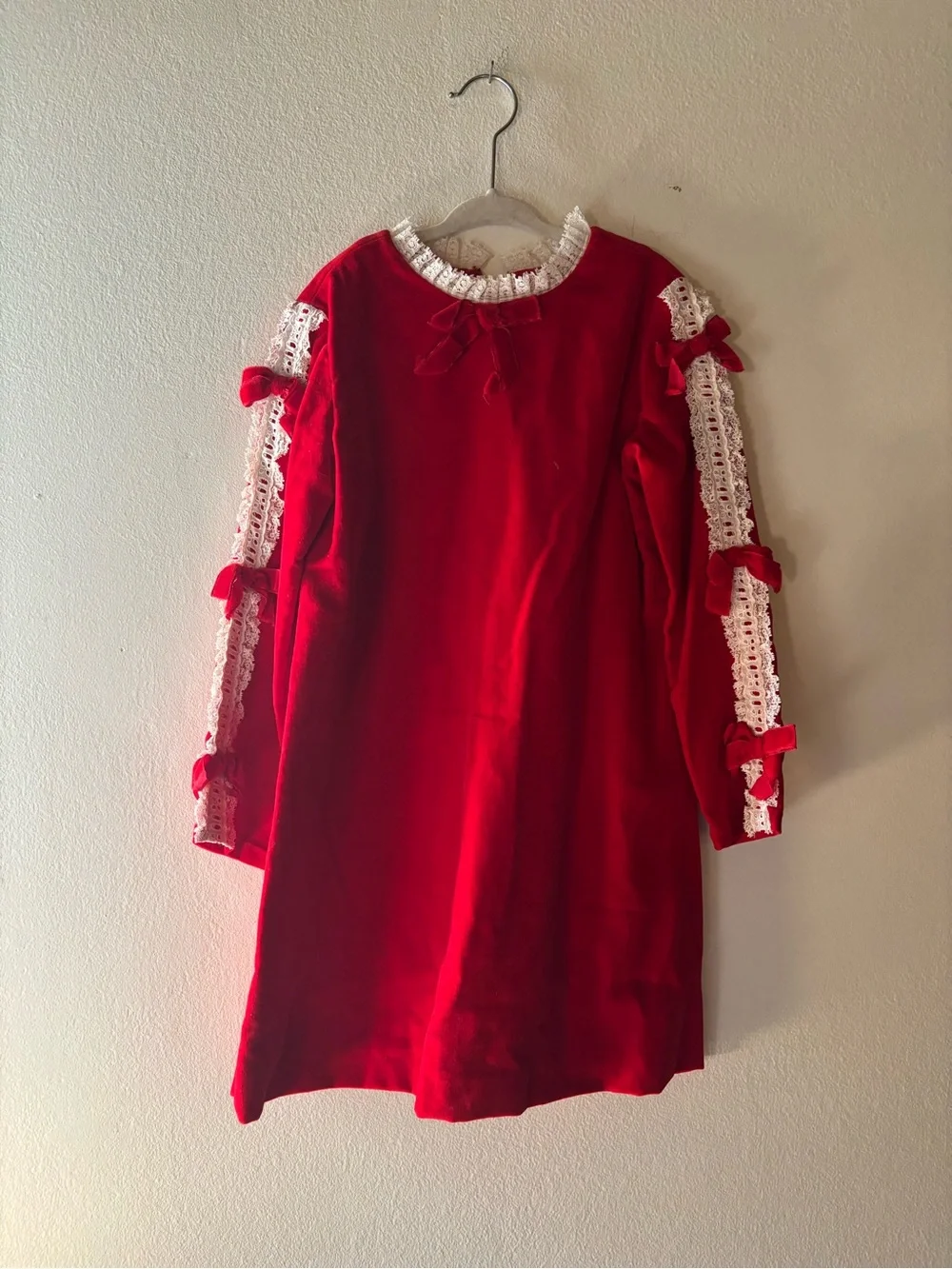 Genuine Vintage Red Velvet Lace-Trim Bow Dress